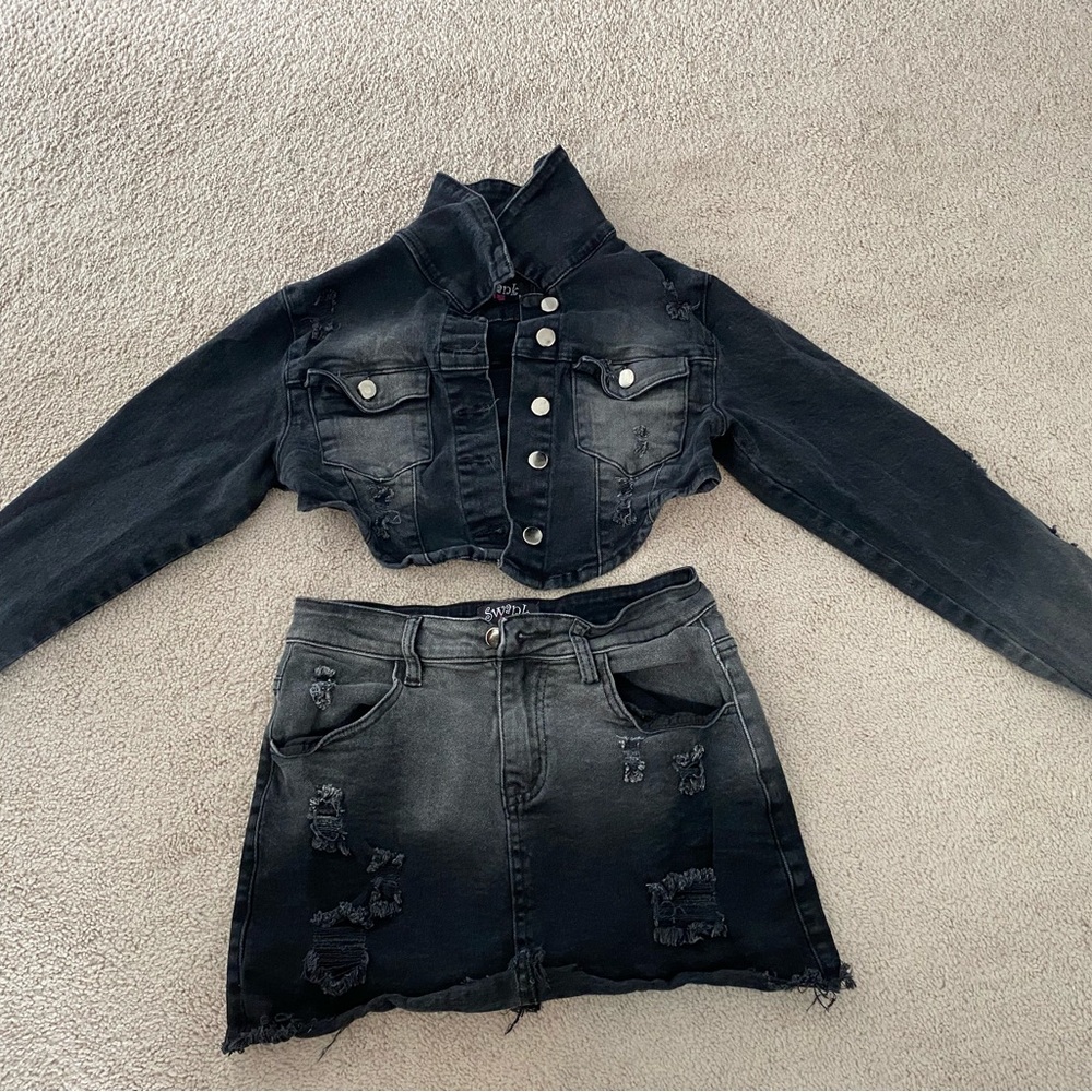 Crop Jacket 2 Piece Distressed Skirt Set